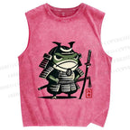 Unisex Vintage Frog Soldier Samurai Printed Washed Tank Top