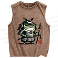Unisex Vintage Frog Soldier Samurai Printed Washed Tank Top