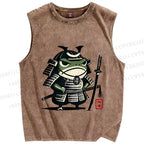 Unisex Vintage Frog Soldier Samurai Printed Washed Tank Top