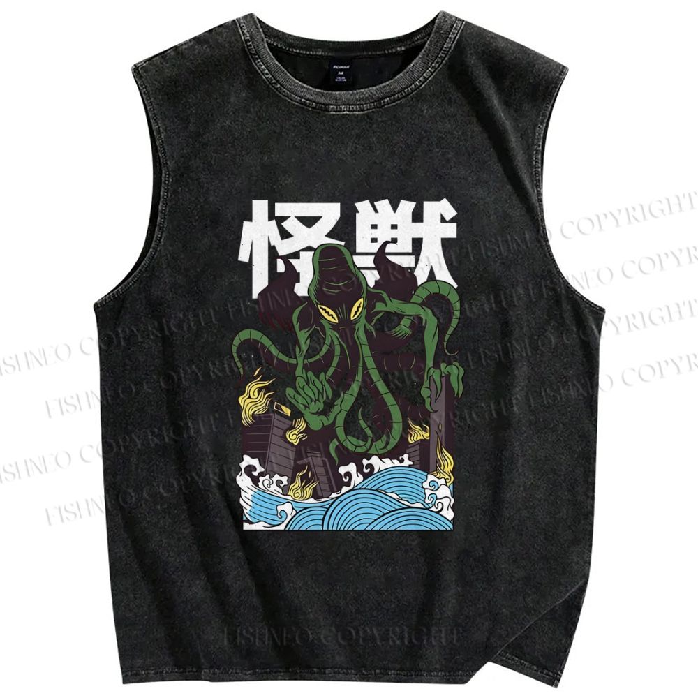Unisex Monster Octopus Printed Washed Tank Top