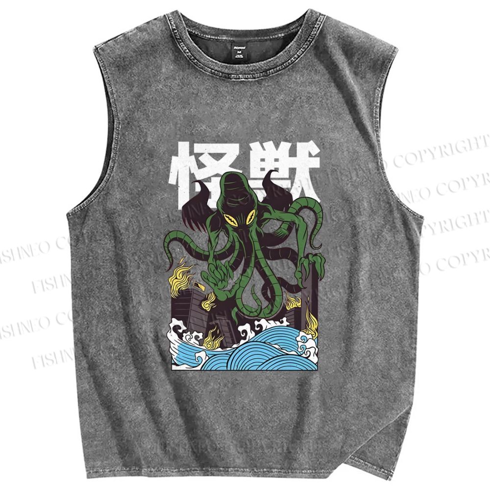 Unisex Monster Octopus Printed Washed Tank Top