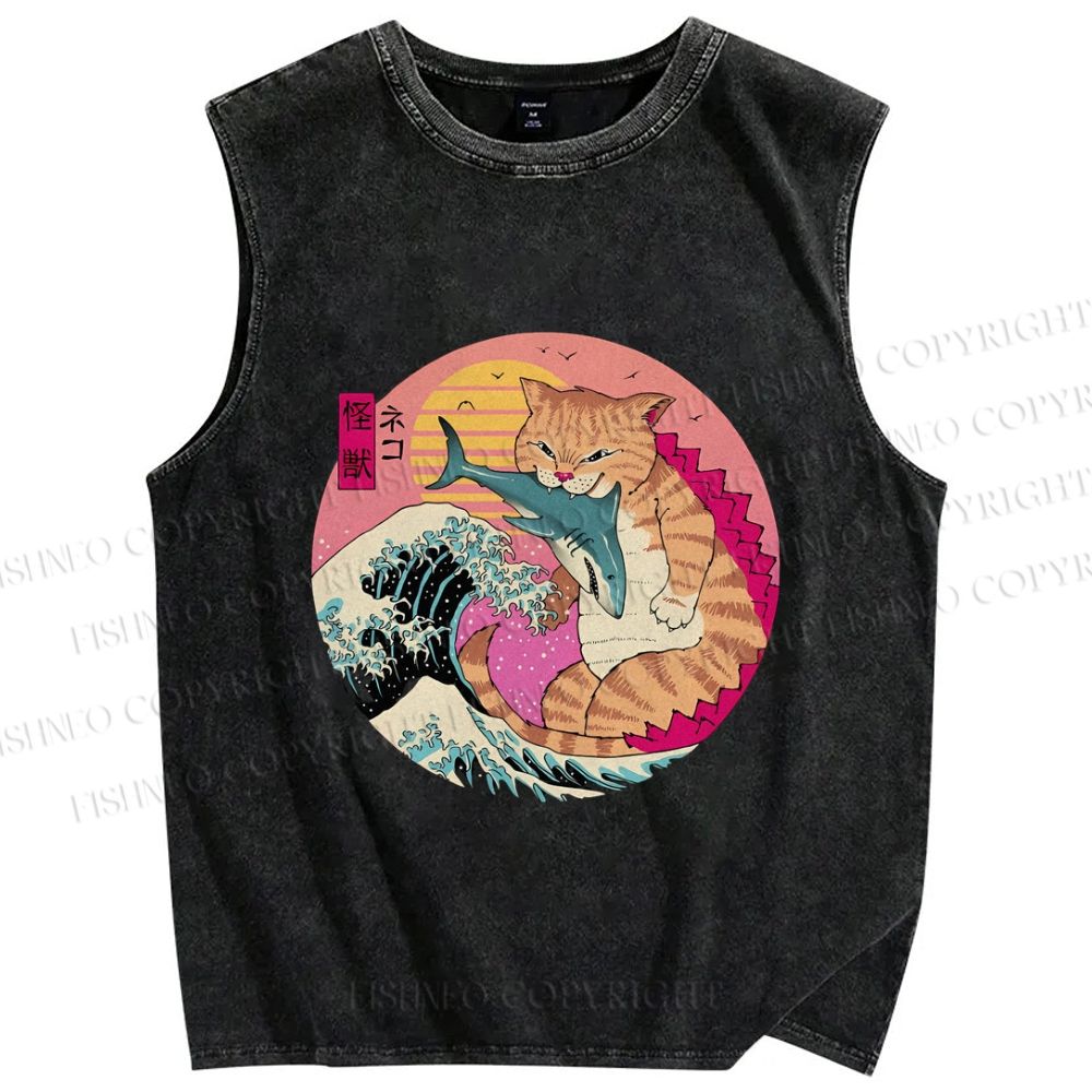 Unisex Japanese Art Cat Sea Wave Printed Washed Tank Top