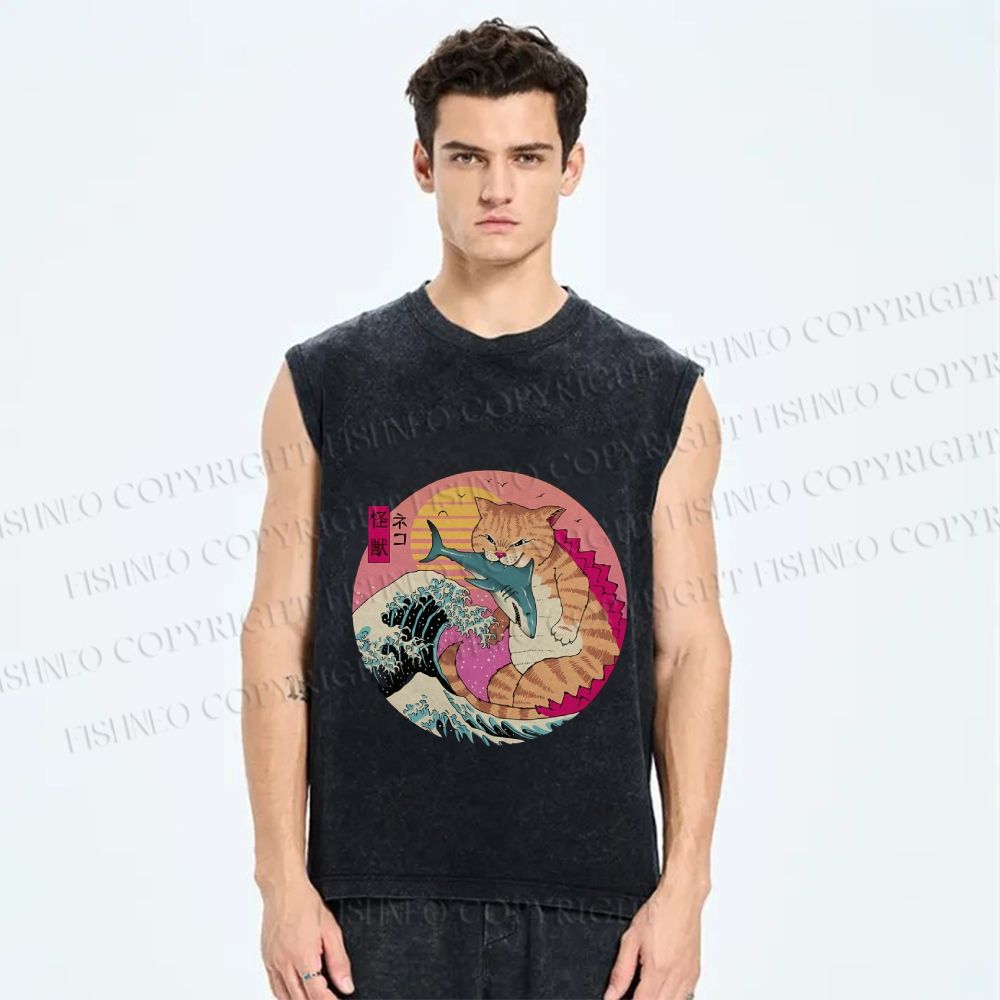 Unisex Japanese Art Cat Sea Wave Printed Washed Tank Top