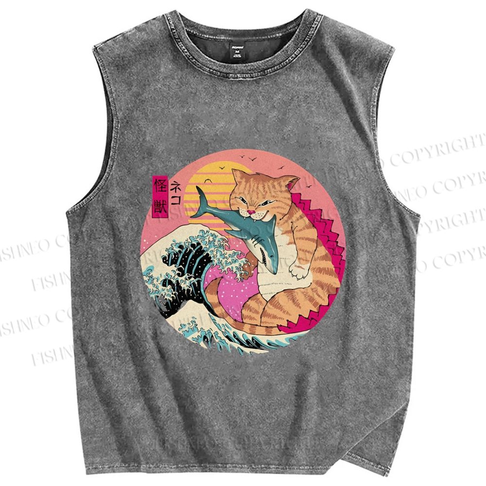Unisex Japanese Art Cat Sea Wave Printed Washed Tank Top