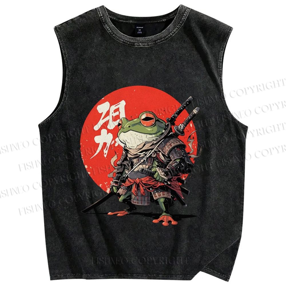 Unisex Japanese Frog Samurai Printed Washed Tank Top
