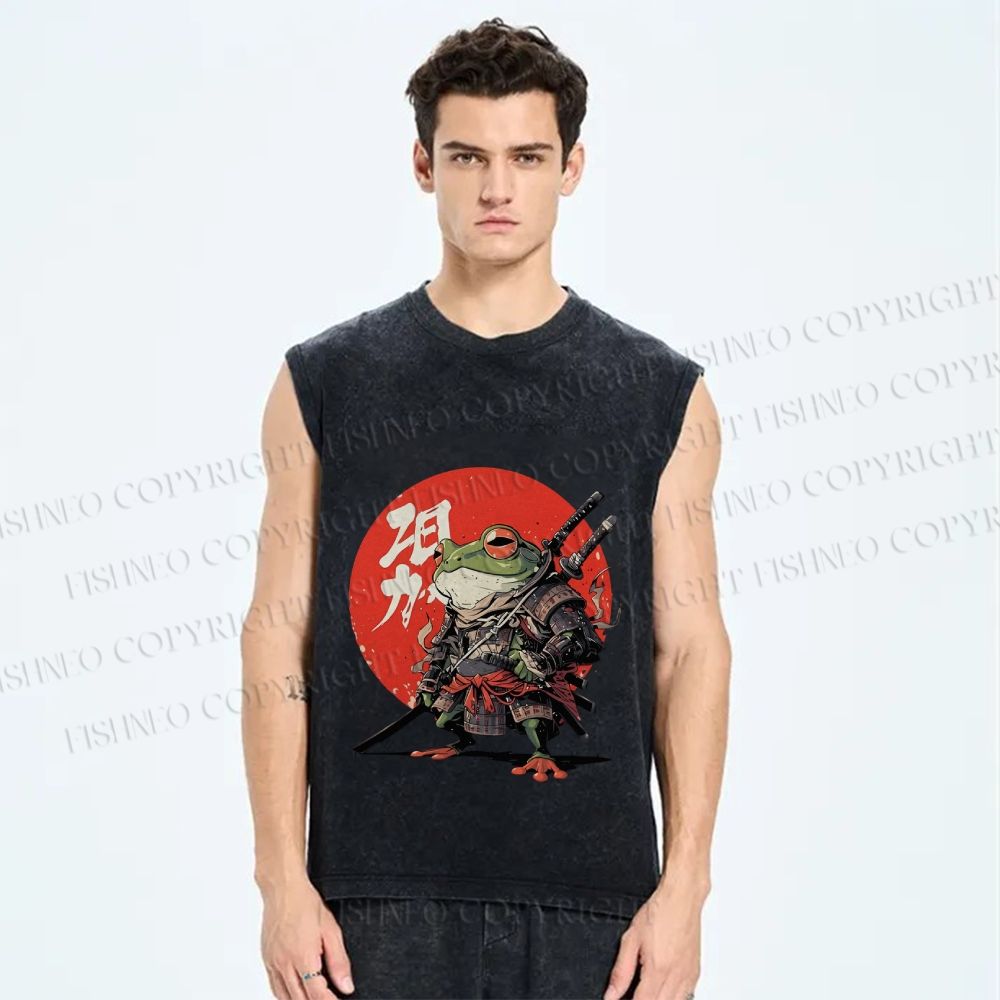 Unisex Japanese Frog Samurai Printed Washed Tank Top