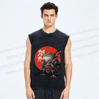 Unisex Japanese Frog Samurai Printed Washed Tank Top
