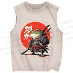 Unisex Japanese Frog Samurai Printed Washed Tank Top