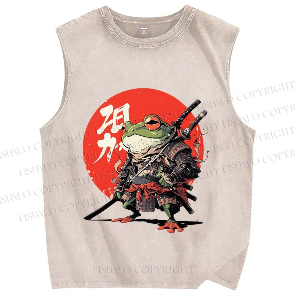Unisex Japanese Frog Samurai Printed Washed Tank Top