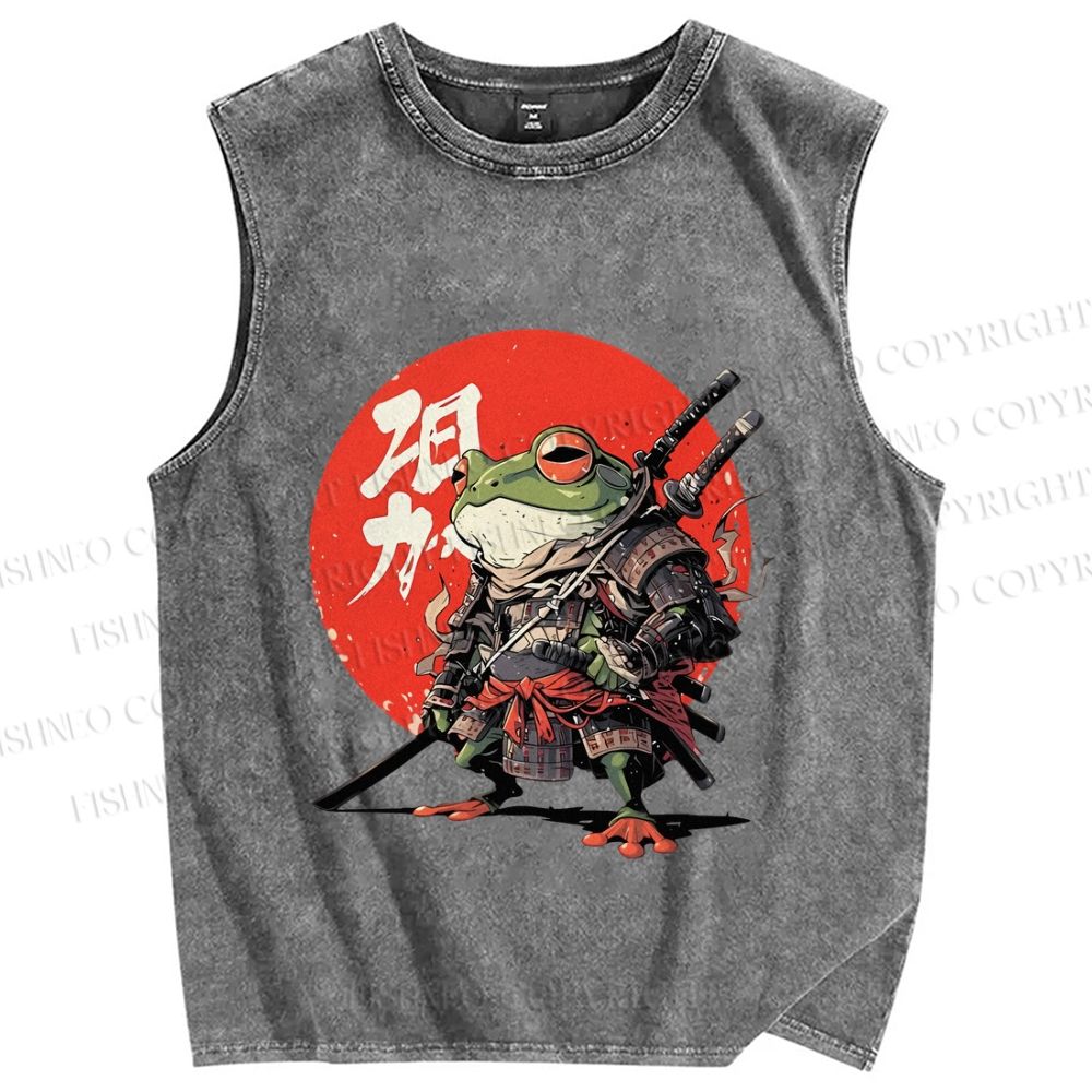 Unisex Japanese Frog Samurai Printed Washed Tank Top