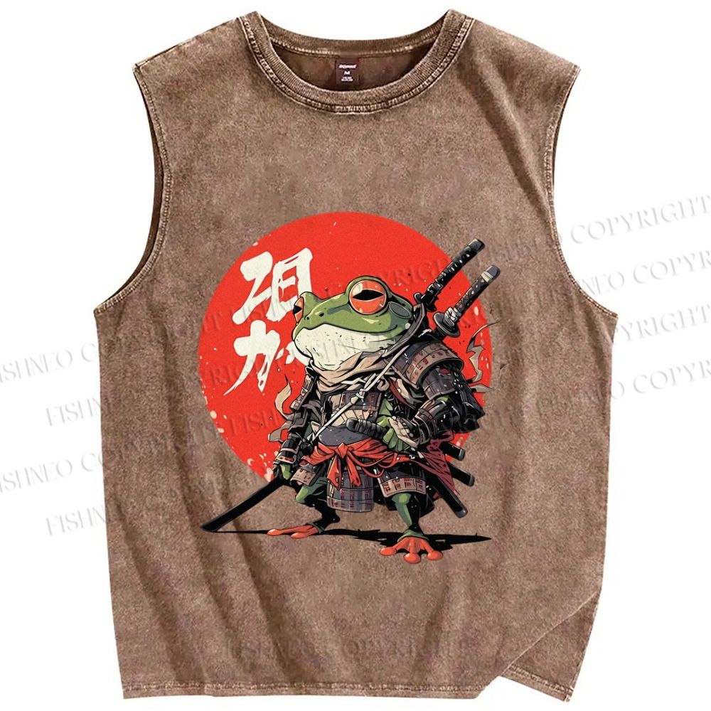 Unisex Japanese Frog Samurai Printed Washed Tank Top