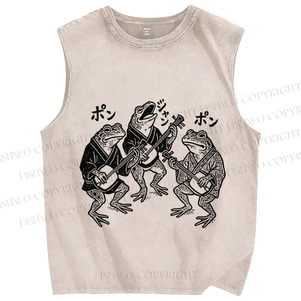 Unisex Vintage Frog Singing Togther Printed Washed Tank Top