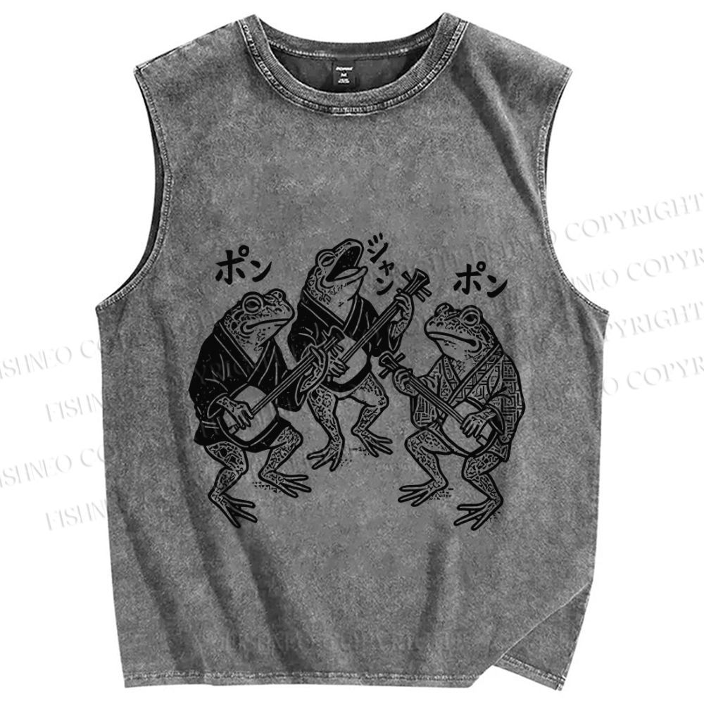 Unisex Vintage Frog Singing Togther Printed Washed Tank Top