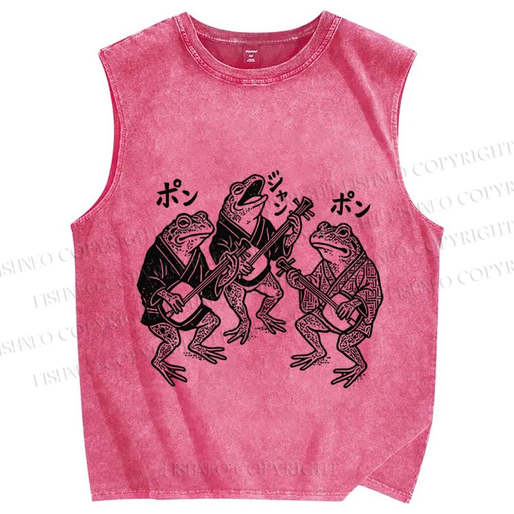 Unisex Vintage Frog Singing Togther Printed Washed Tank Top