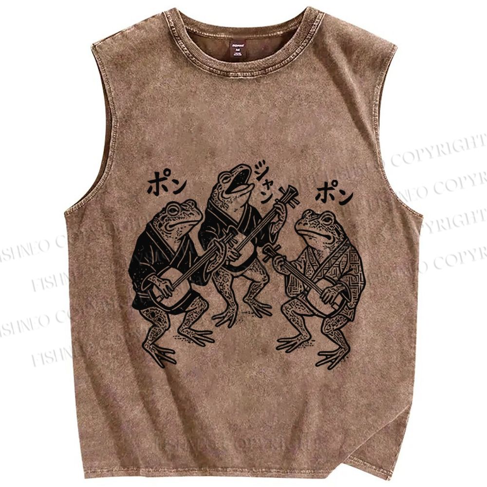 Unisex Vintage Frog Singing Togther Printed Washed Tank Top