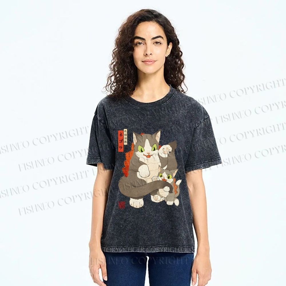 Unisex Vintage Japanese Art Cat Printed Washed Tee