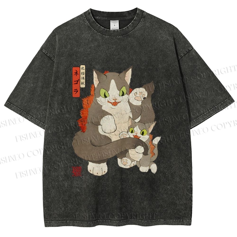 Unisex Vintage Japanese Art Cat Printed Washed Tee
