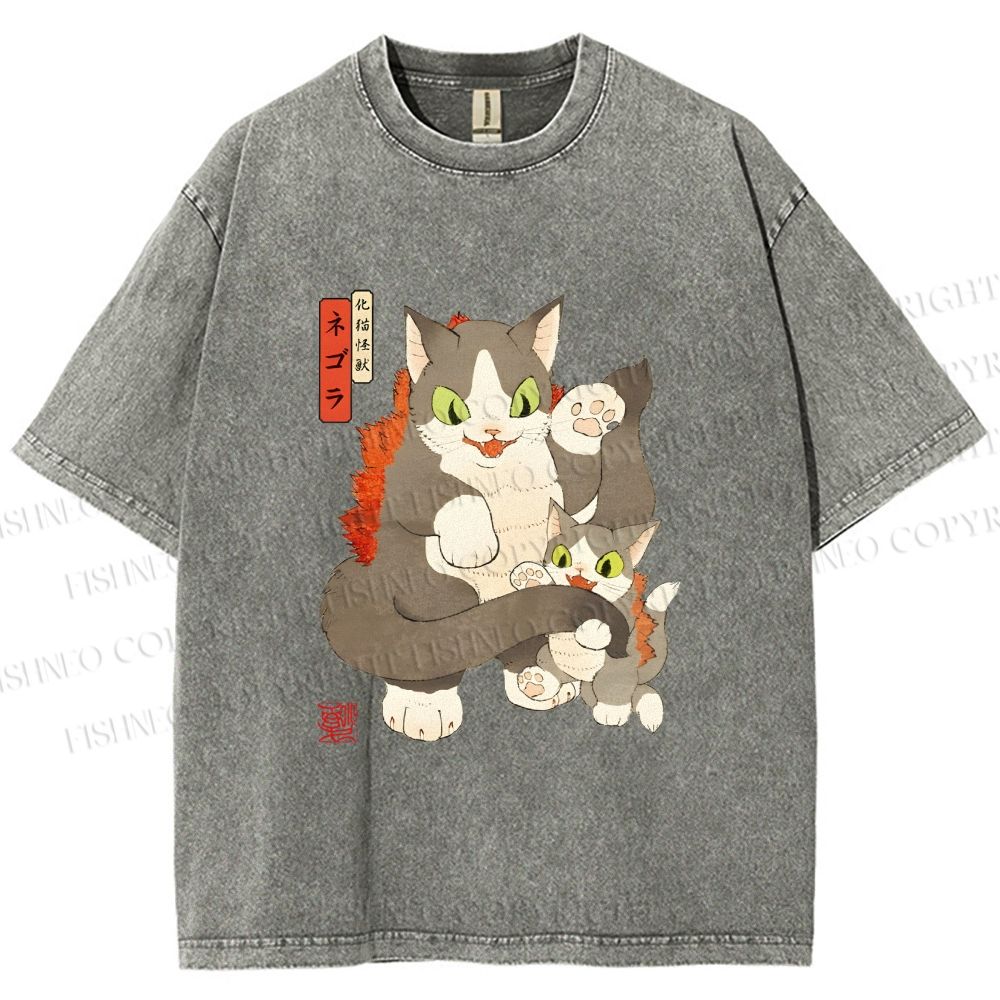 Unisex Vintage Japanese Art Cat Printed Washed Tee