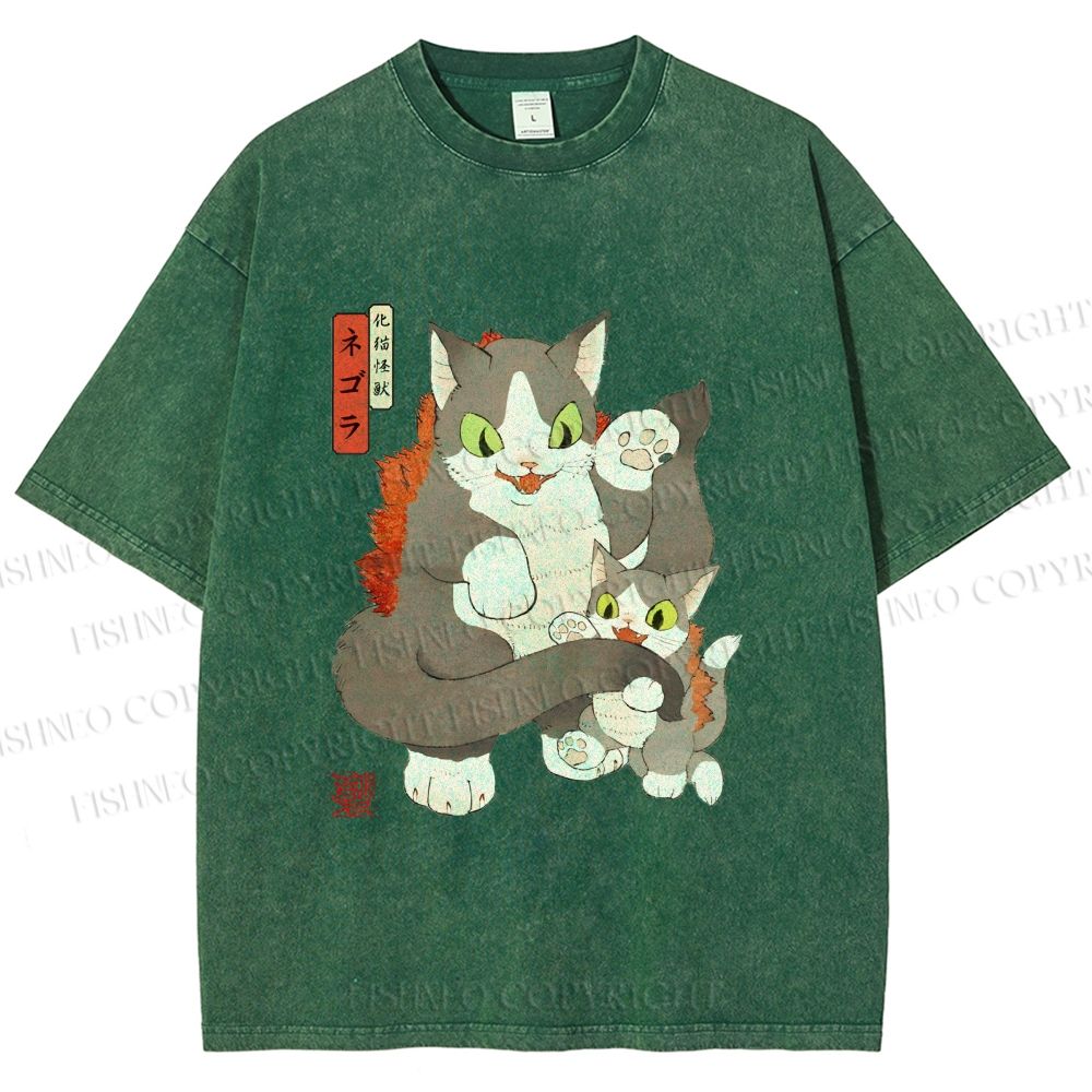 Unisex Vintage Japanese Art Cat Printed Washed Tee
