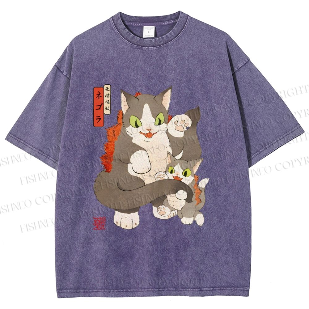 Unisex Vintage Japanese Art Cat Printed Washed Tee