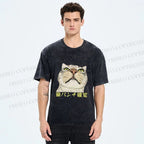 Unisex Japanese Cat Too Close Printed Washed Tee