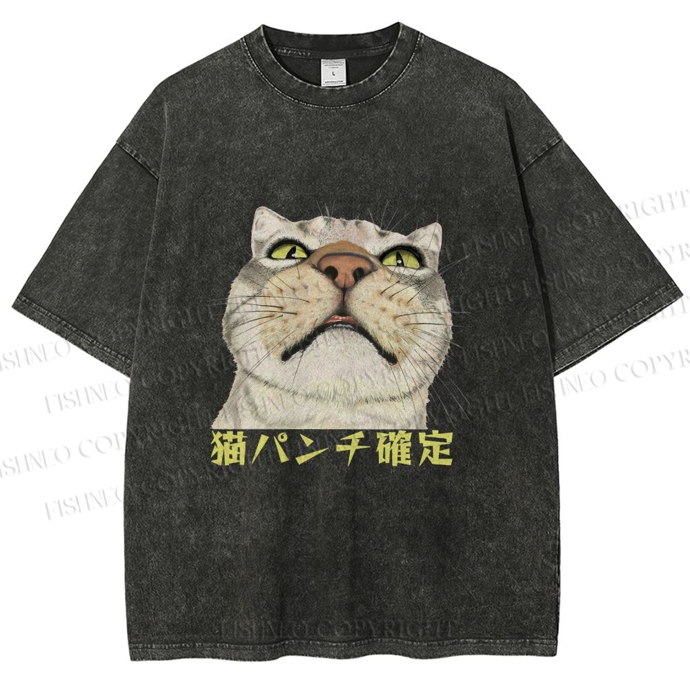 Unisex Japanese Cat Too Close Printed Washed Tee
