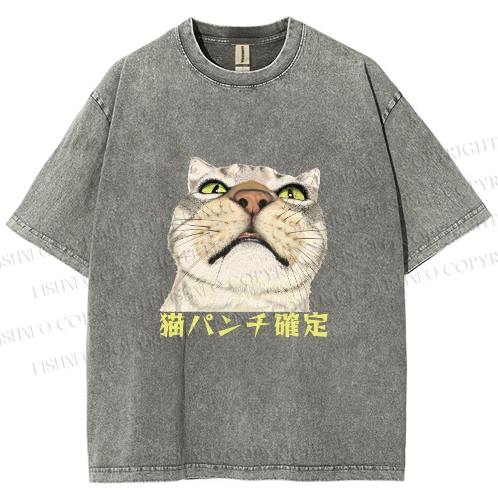 Unisex Japanese Cat Too Close Printed Washed Tee