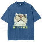 Unisex Japanese Cat Too Close Printed Washed Tee