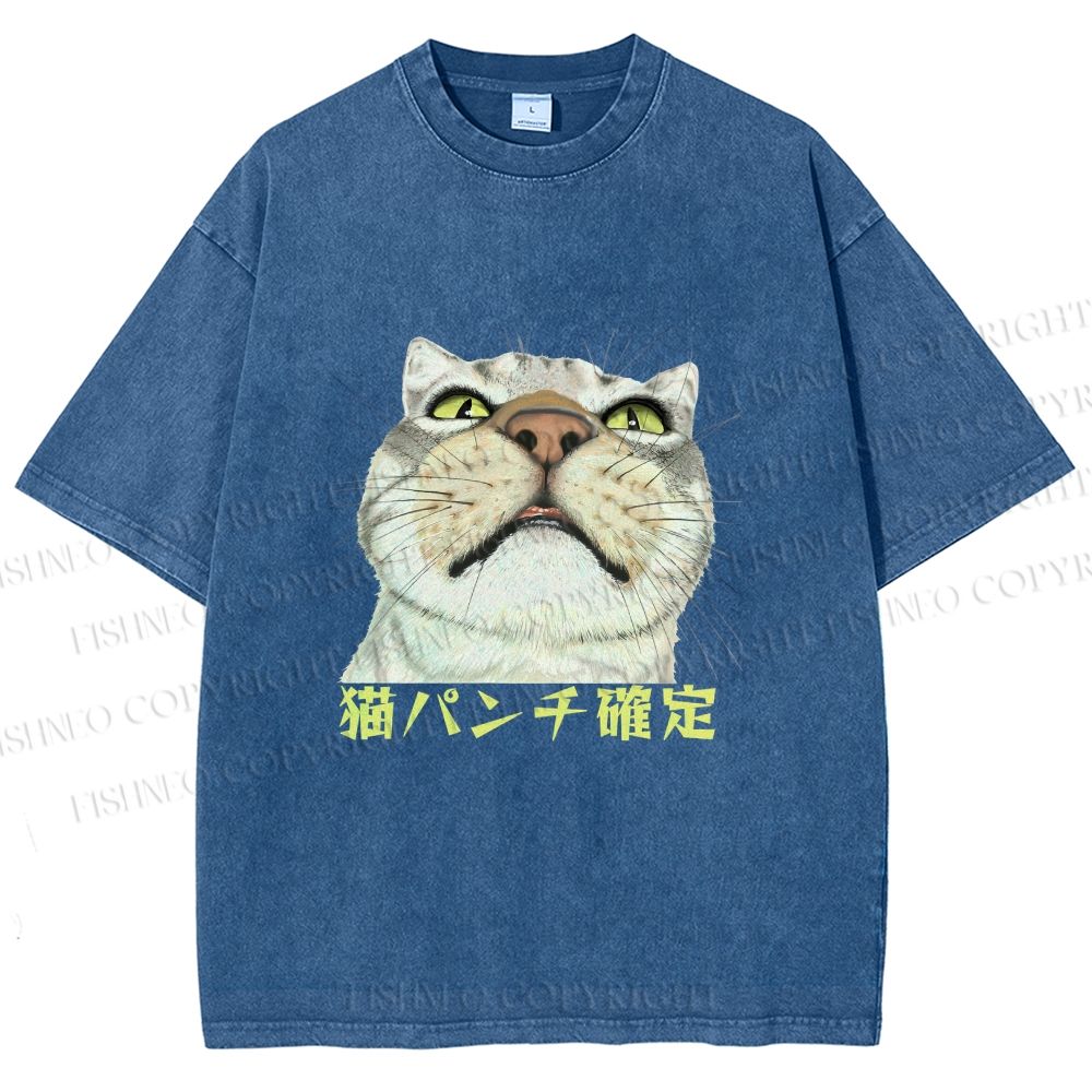Unisex Japanese Cat Too Close Printed Washed Tee