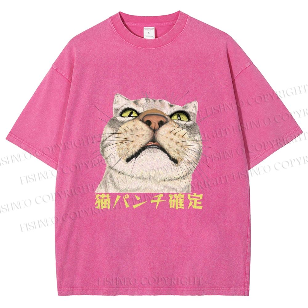 Unisex Japanese Cat Too Close Printed Washed Tee