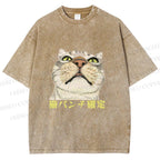 Unisex Japanese Cat Too Close Printed Washed Tee