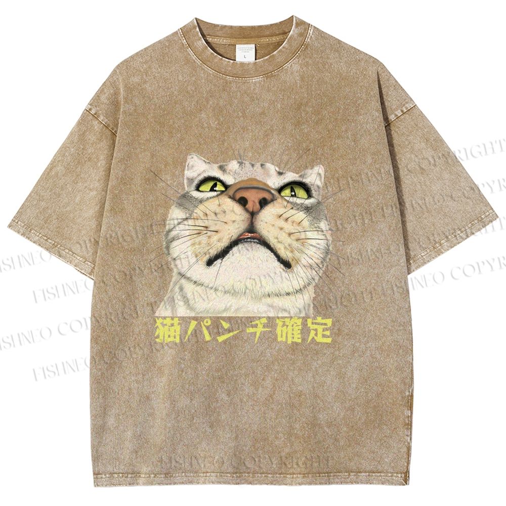 Unisex Japanese Cat Too Close Printed Washed Tee
