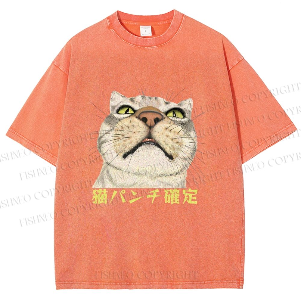 Unisex Japanese Cat Too Close Printed Washed Tee