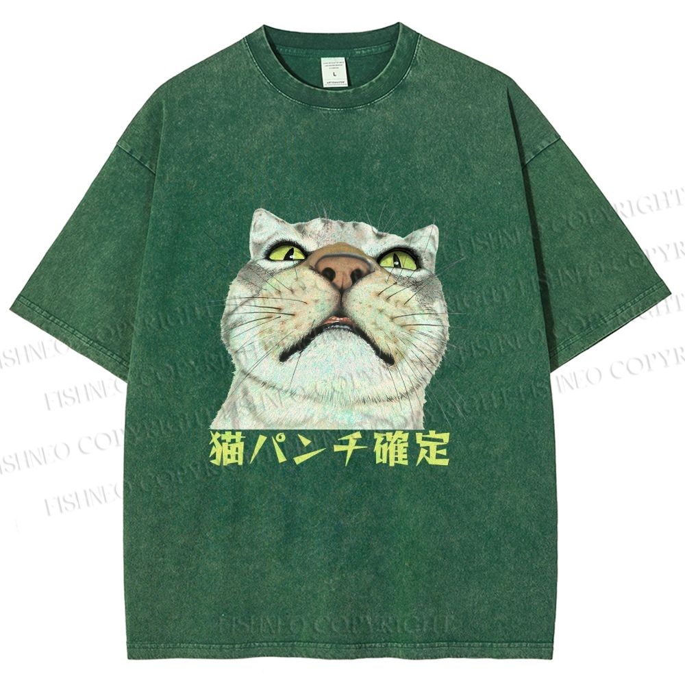 Unisex Japanese Cat Too Close Printed Washed Tee