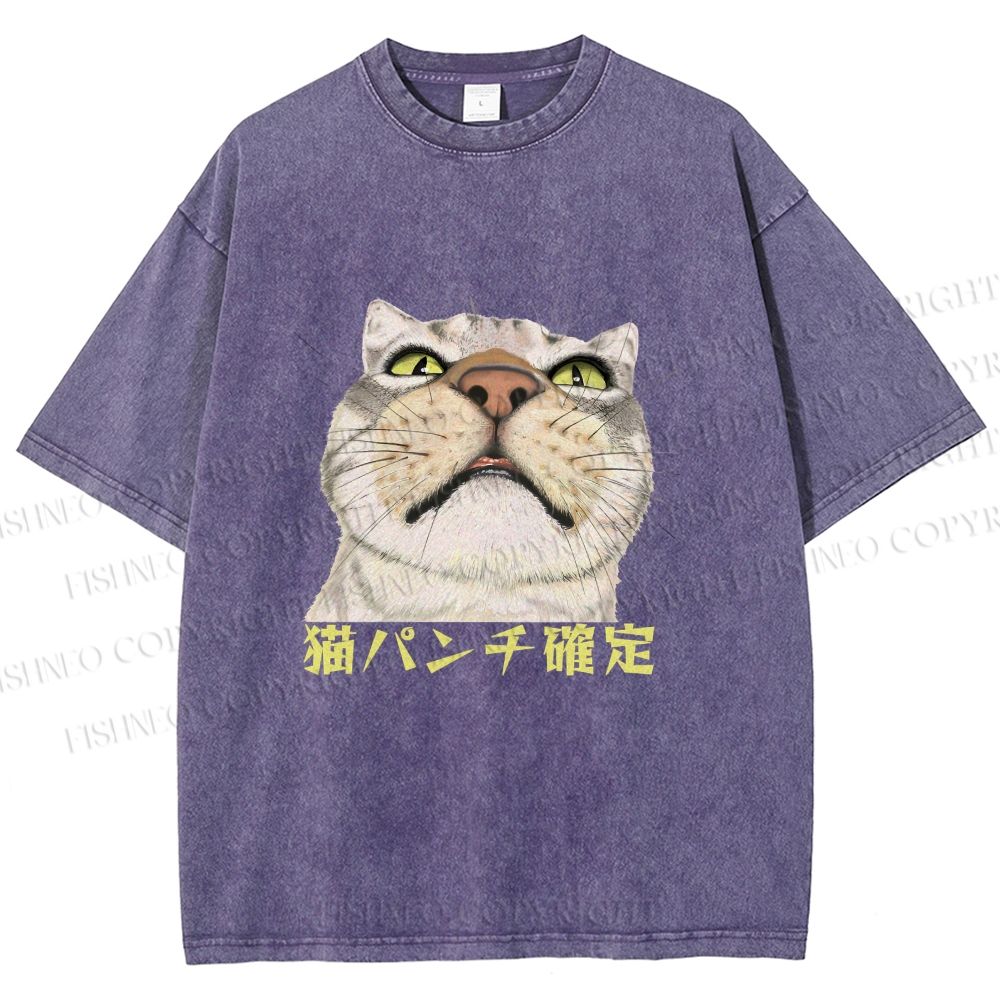 Unisex Japanese Cat Too Close Printed Washed Tee
