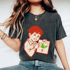 Unisex Vintage Boy Reading Grass Printed Washed Tee