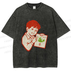 Unisex Vintage Boy Reading Grass Printed Washed Tee