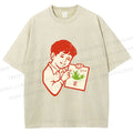 Unisex Vintage Boy Reading Grass Printed Washed Tee