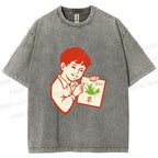 Unisex Vintage Boy Reading Grass Printed Washed Tee