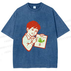Unisex Vintage Boy Reading Grass Printed Washed Tee