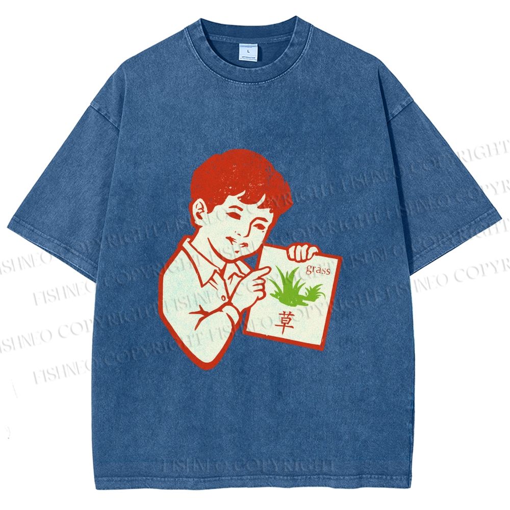 Unisex Vintage Boy Reading Grass Printed Washed Tee