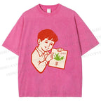 Unisex Vintage Boy Reading Grass Printed Washed Tee