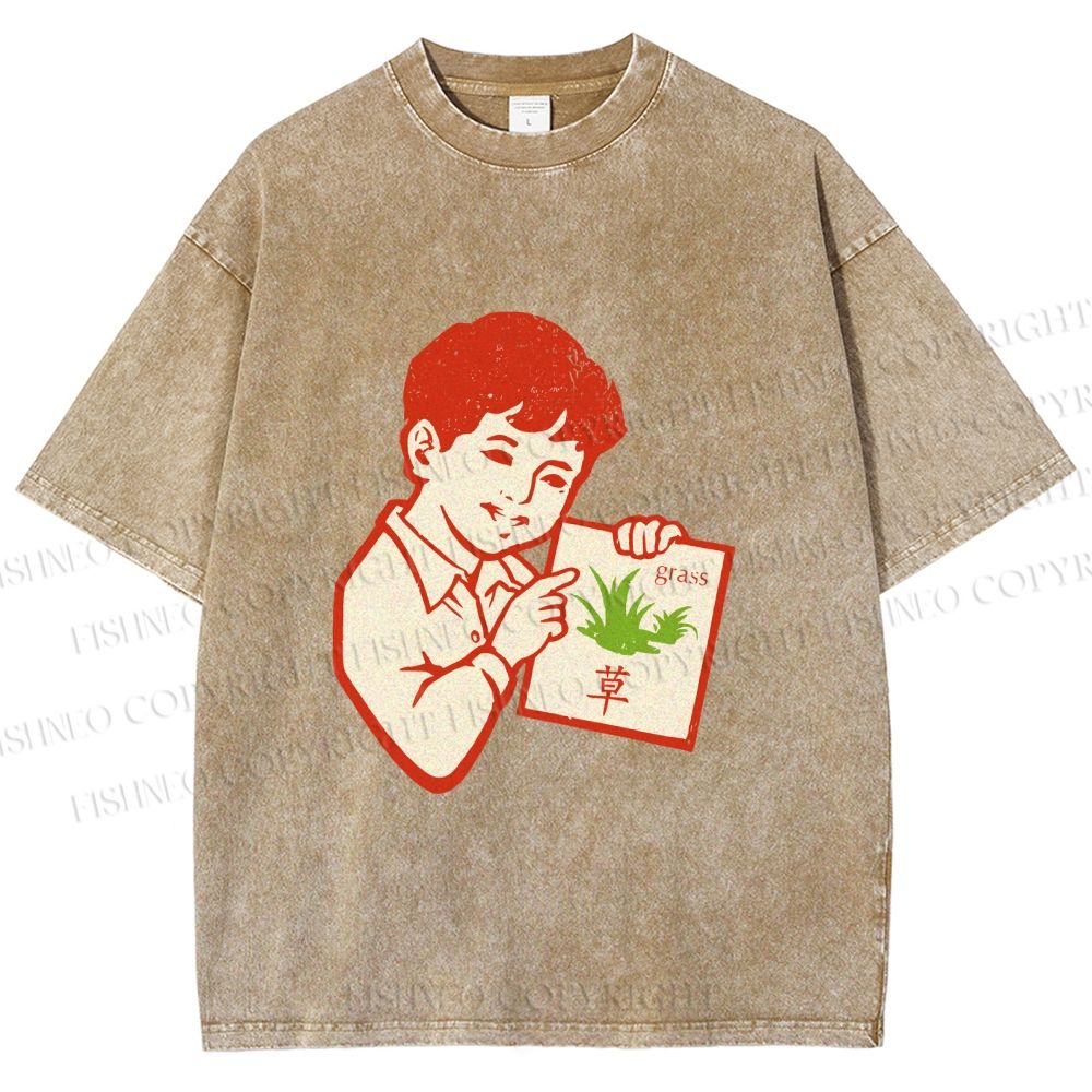 Unisex Vintage Boy Reading Grass Printed Washed Tee