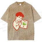 Unisex Vintage Boy Reading Grass Printed Washed Tee