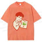 Unisex Vintage Boy Reading Grass Printed Washed Tee