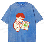 Unisex Vintage Boy Reading Grass Printed Washed Tee