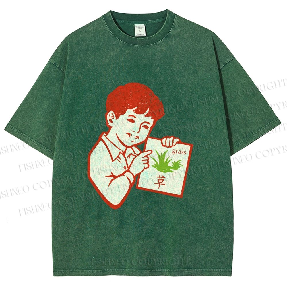 Unisex Vintage Boy Reading Grass Printed Washed Tee