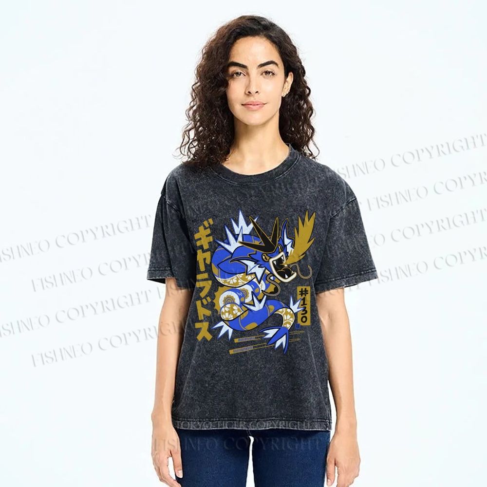 Unisex Dragon Printed Washed Tee