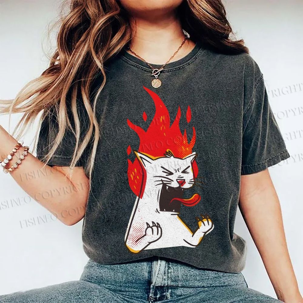 Unisex Angry Cat Printed Washed Tee