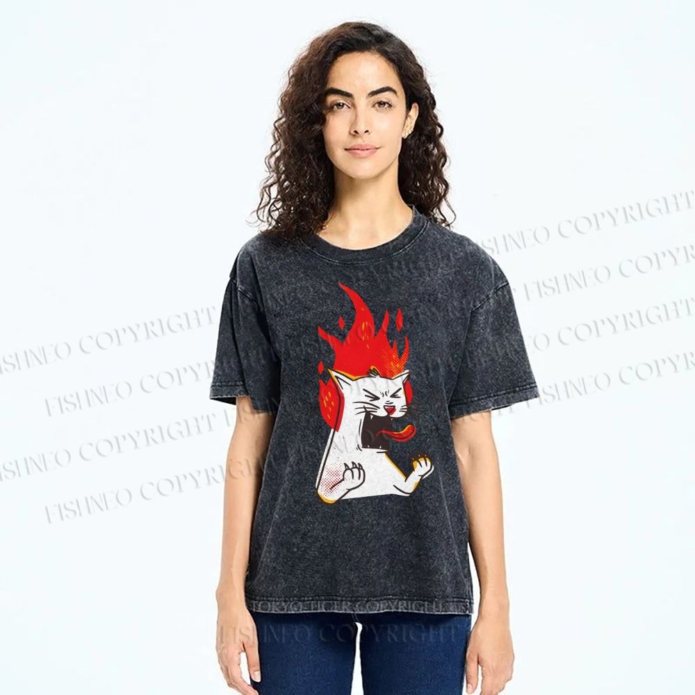 Unisex Angry Cat Printed Washed Tee